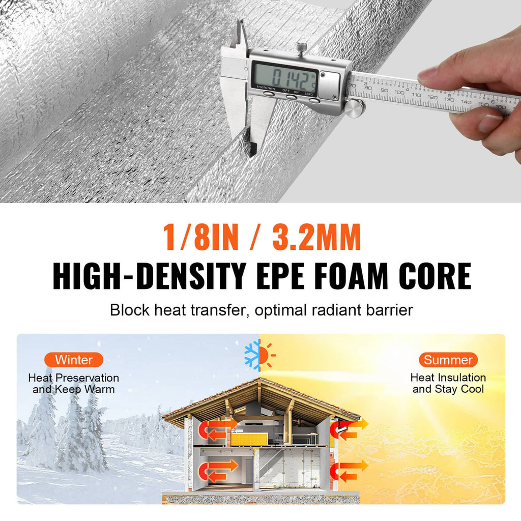 Radiant barrier insulation foam core sheet, 3.2mm thickness shown with measurement