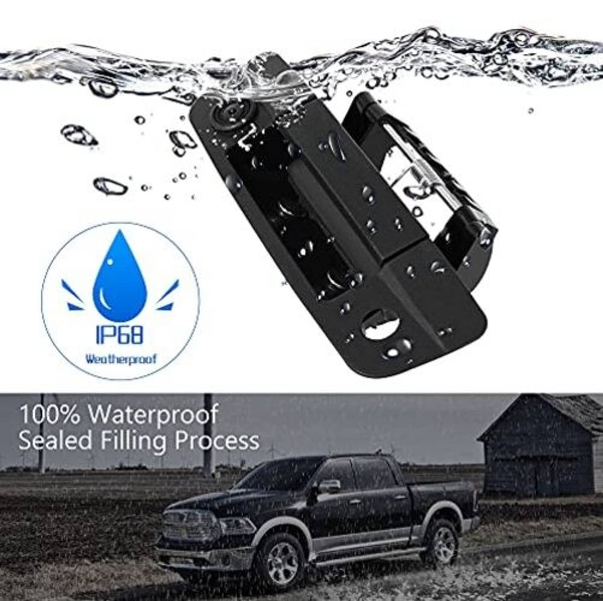 Waterproof black tailgate handle backup camera with raindrop detail