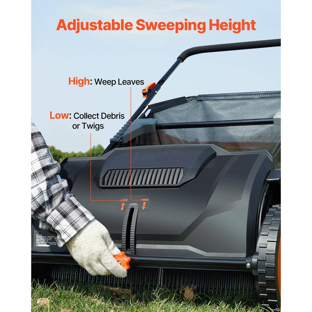 Adjustable-height lawn leaf sweeper with black hopper bag and orange wheel brush