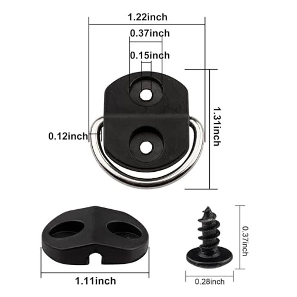 Black D-ring anchor tie-down with chrome steel loop and two mounting holes, screw included