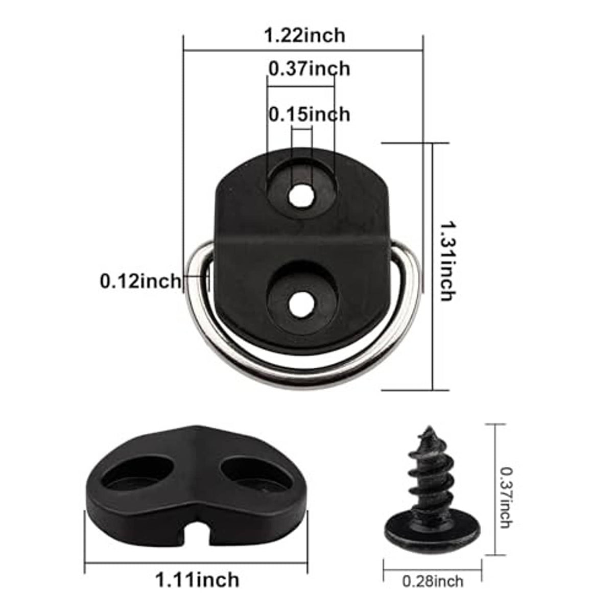 Black D-ring anchor tie-down with chrome steel loop and two mounting holes, screw included