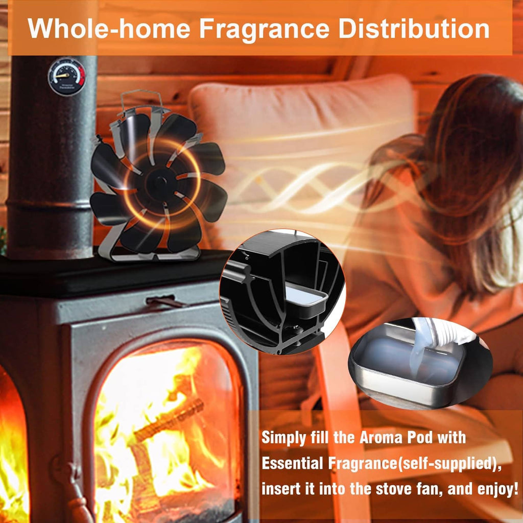 Black 8-blade heat-powered stove fan mounted on a wood stove