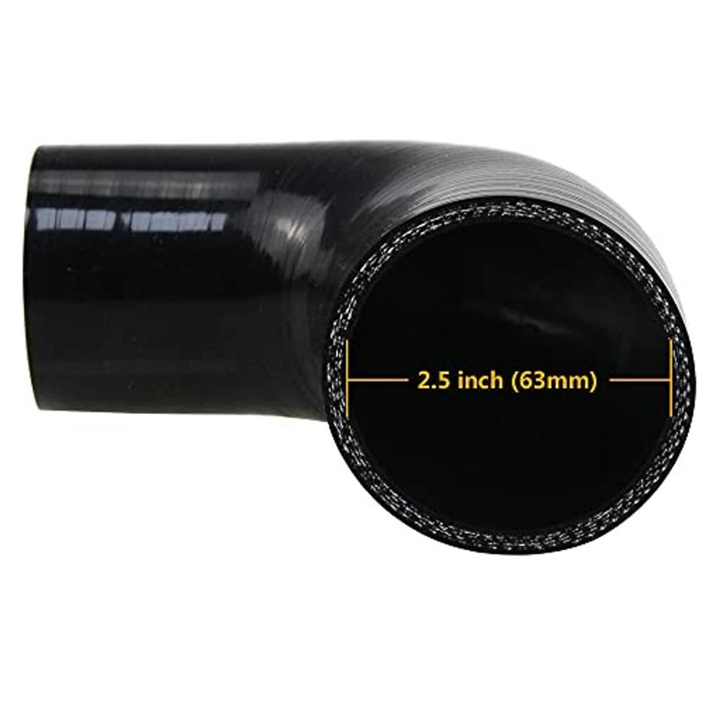 Black 90-degree silicone hose elbow, 2.5 in (63 mm) opening width label