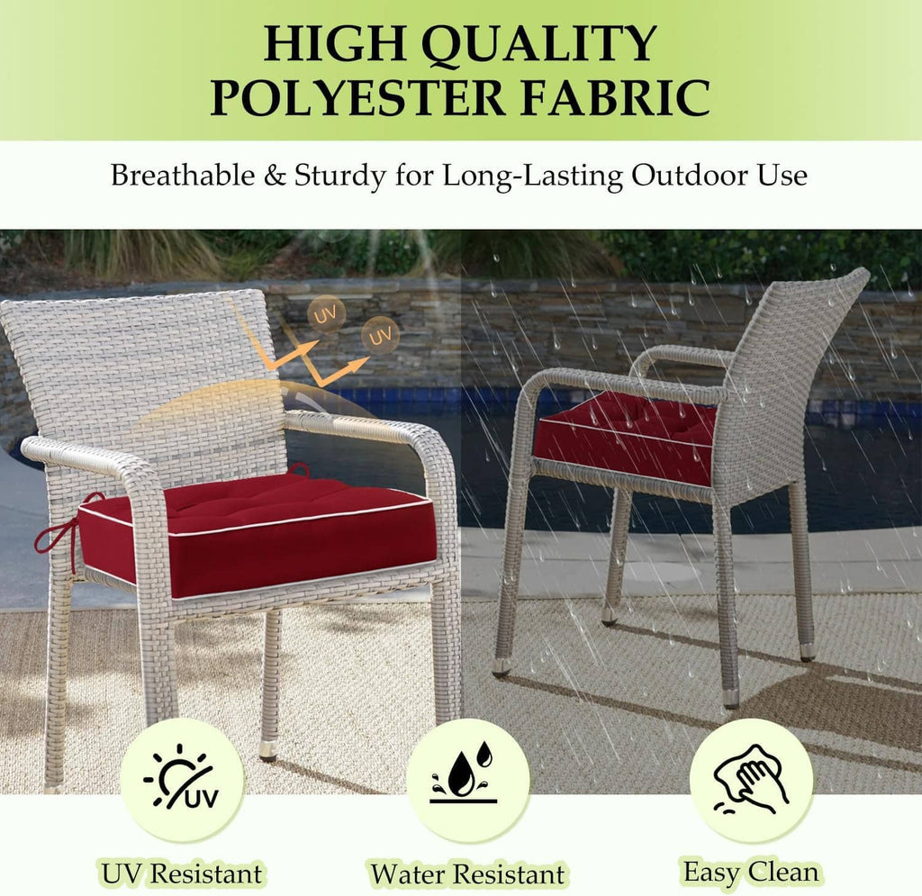 Red patio chair cushion set of 2 with UV and water resistant feature icons
