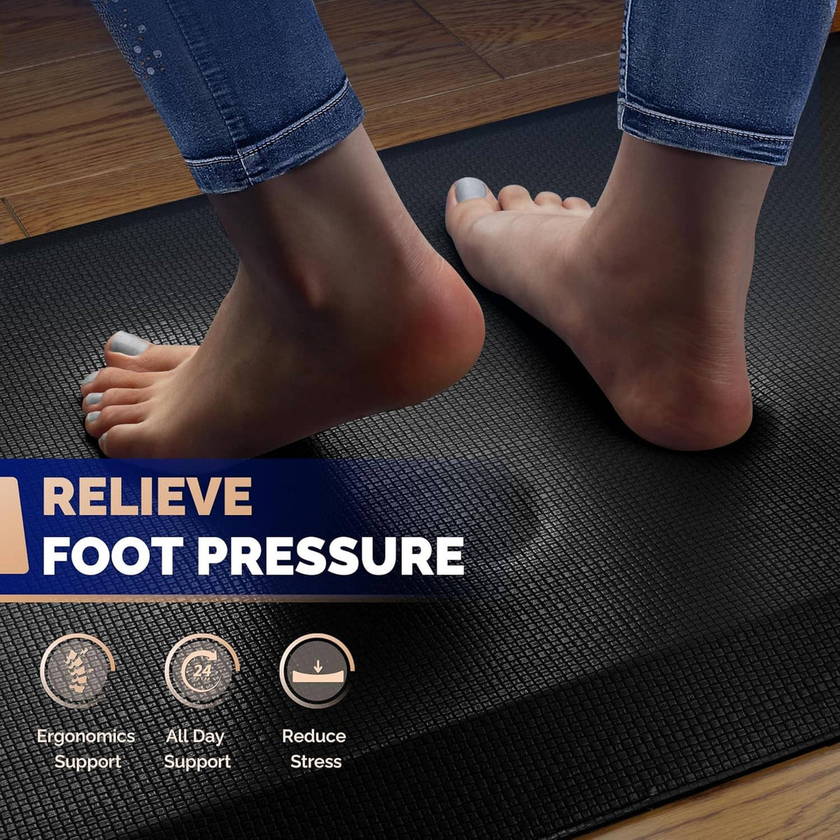Dark textured anti-fatigue standing mat close-up under bare feet
