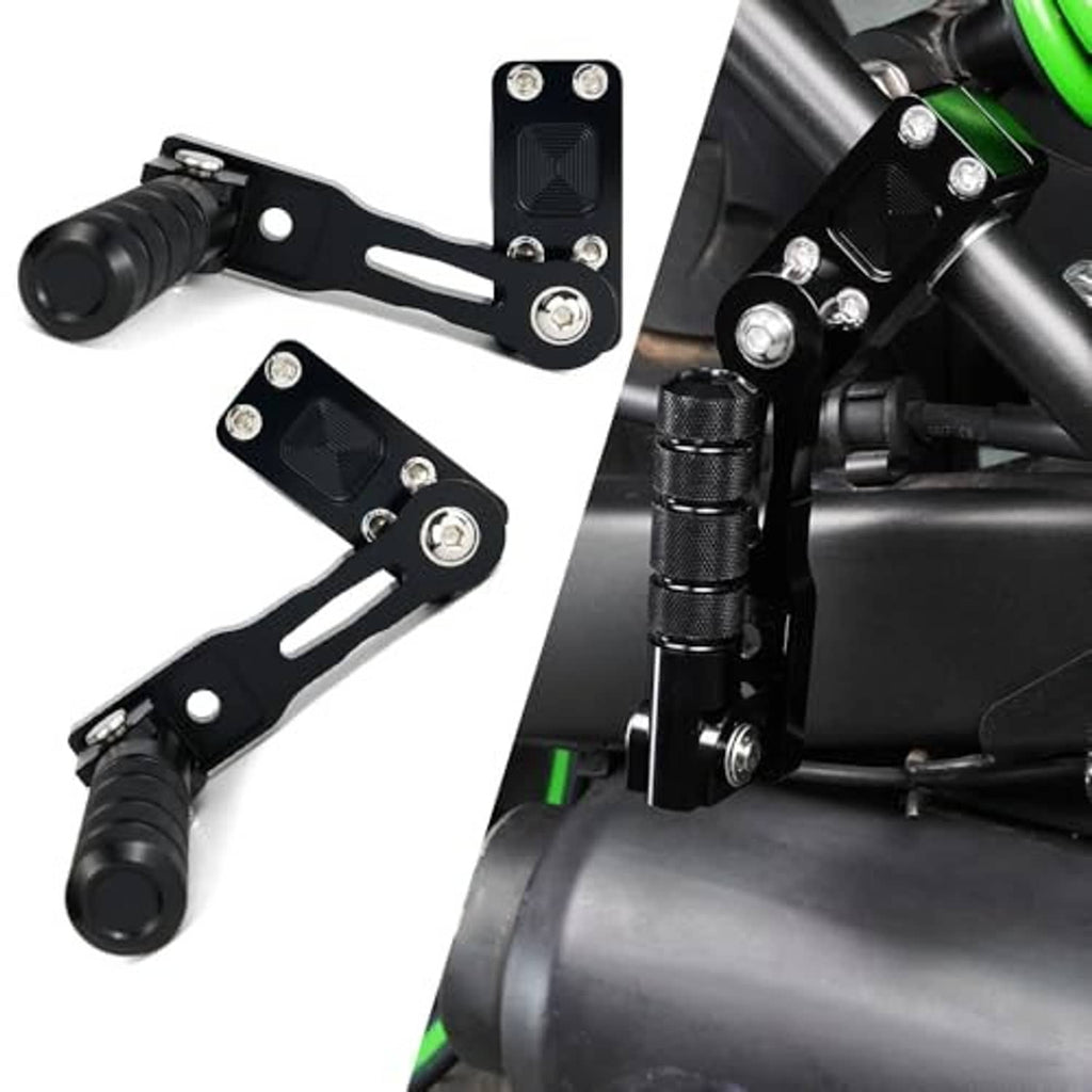 Pair of black highway peg mounts with hinged brackets and textured foot pegs