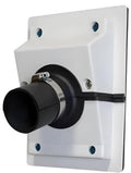 White wall penetration cover plate with black line-set outlet and metal clamp ring