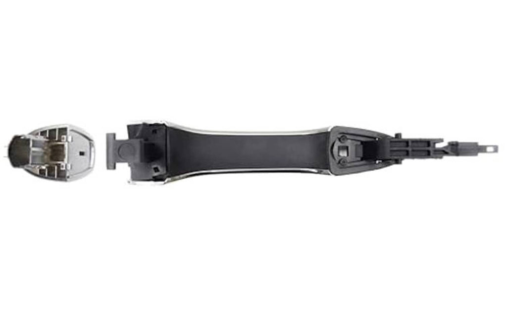 Automotive exterior door handle chrome shell with black backplate and mounting hardware
