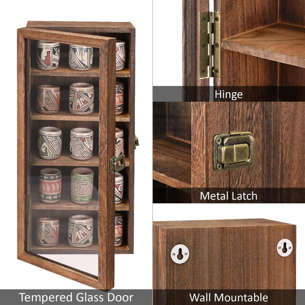 Wall mounted wooden display case details: tempered glass door, metal latch, hinge