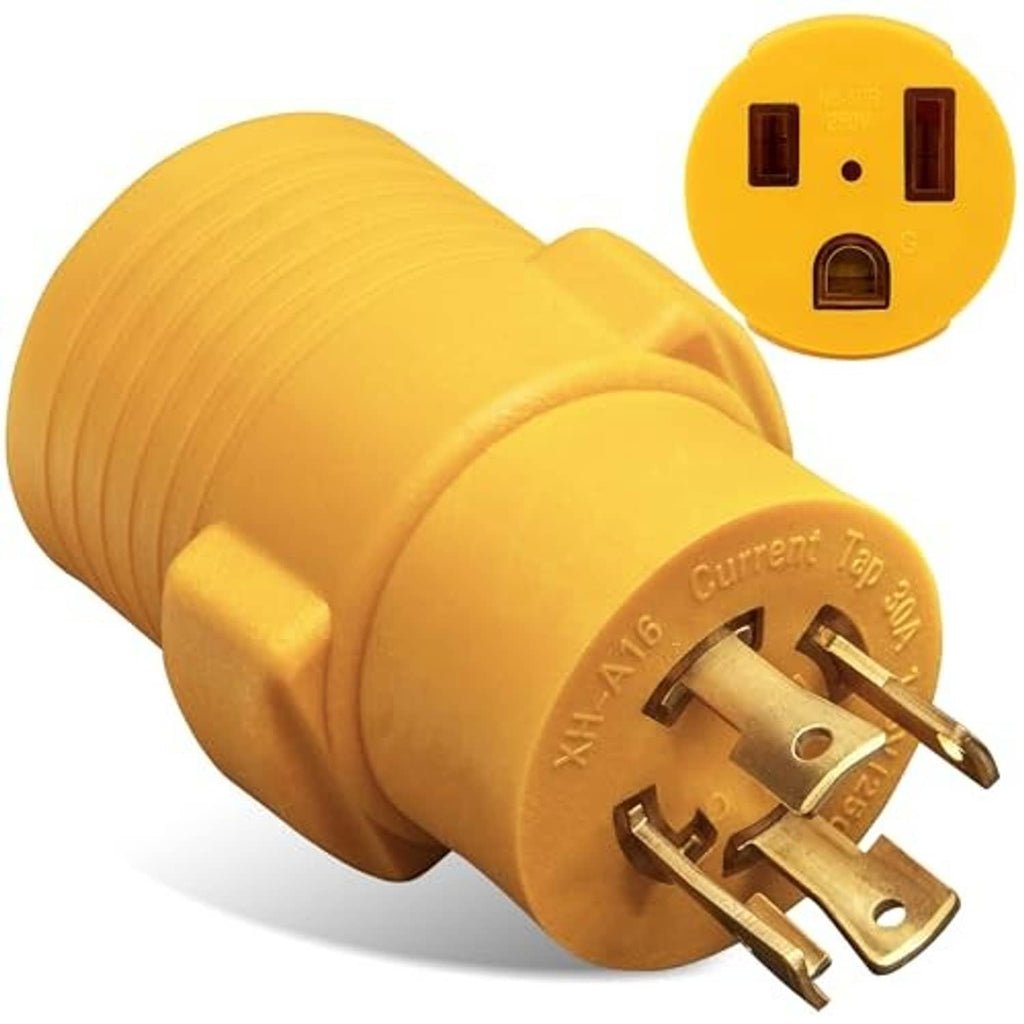 Yellow adapter plug with face showing two slots and grounded blade connectors angled