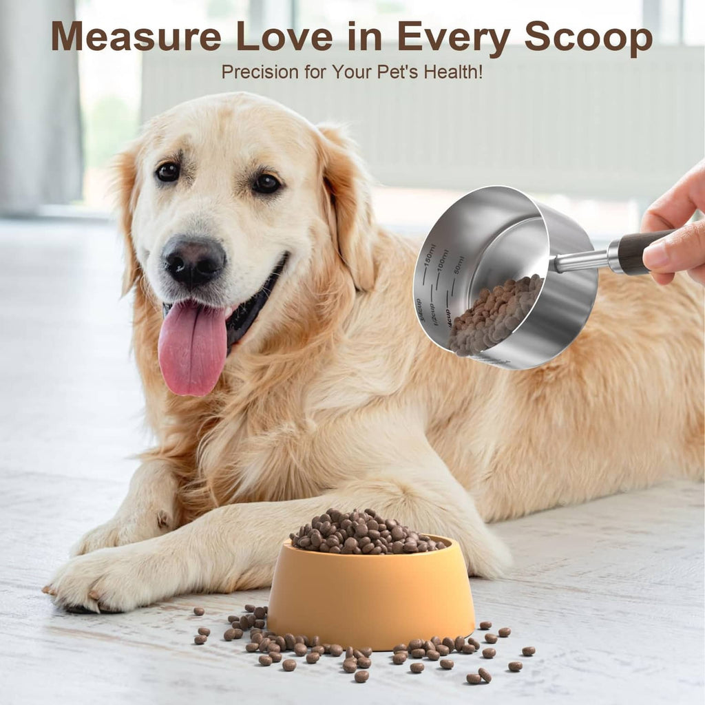 Stainless steel 3/4 cup pet food measuring scoop with walnut handle