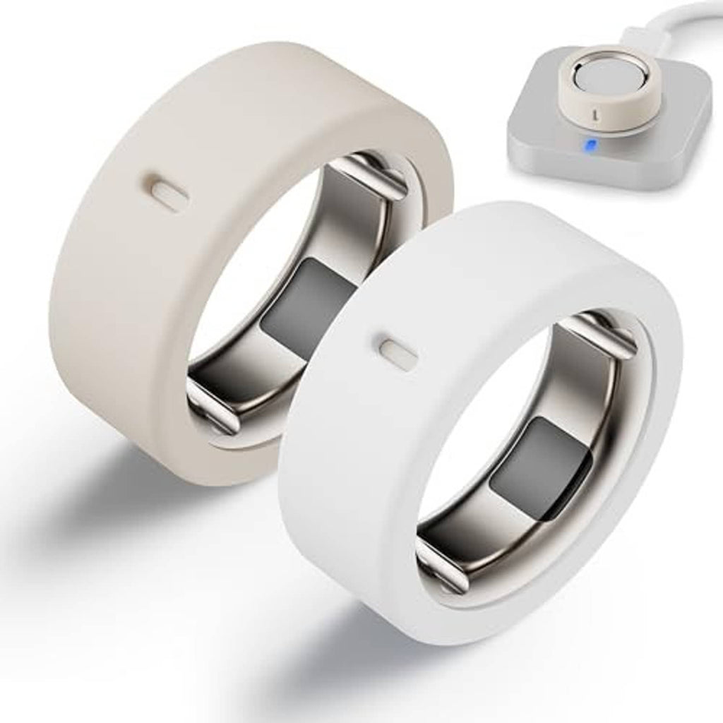 Silicone Oura ring protector case, light white pair with open side metal window