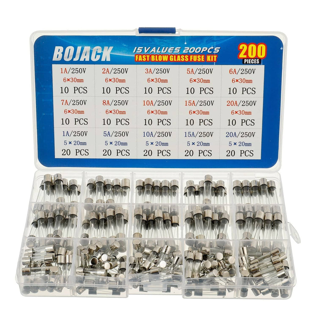 15-values fast-blow glass fuse assortment kit, open tray with 200 glass fuses