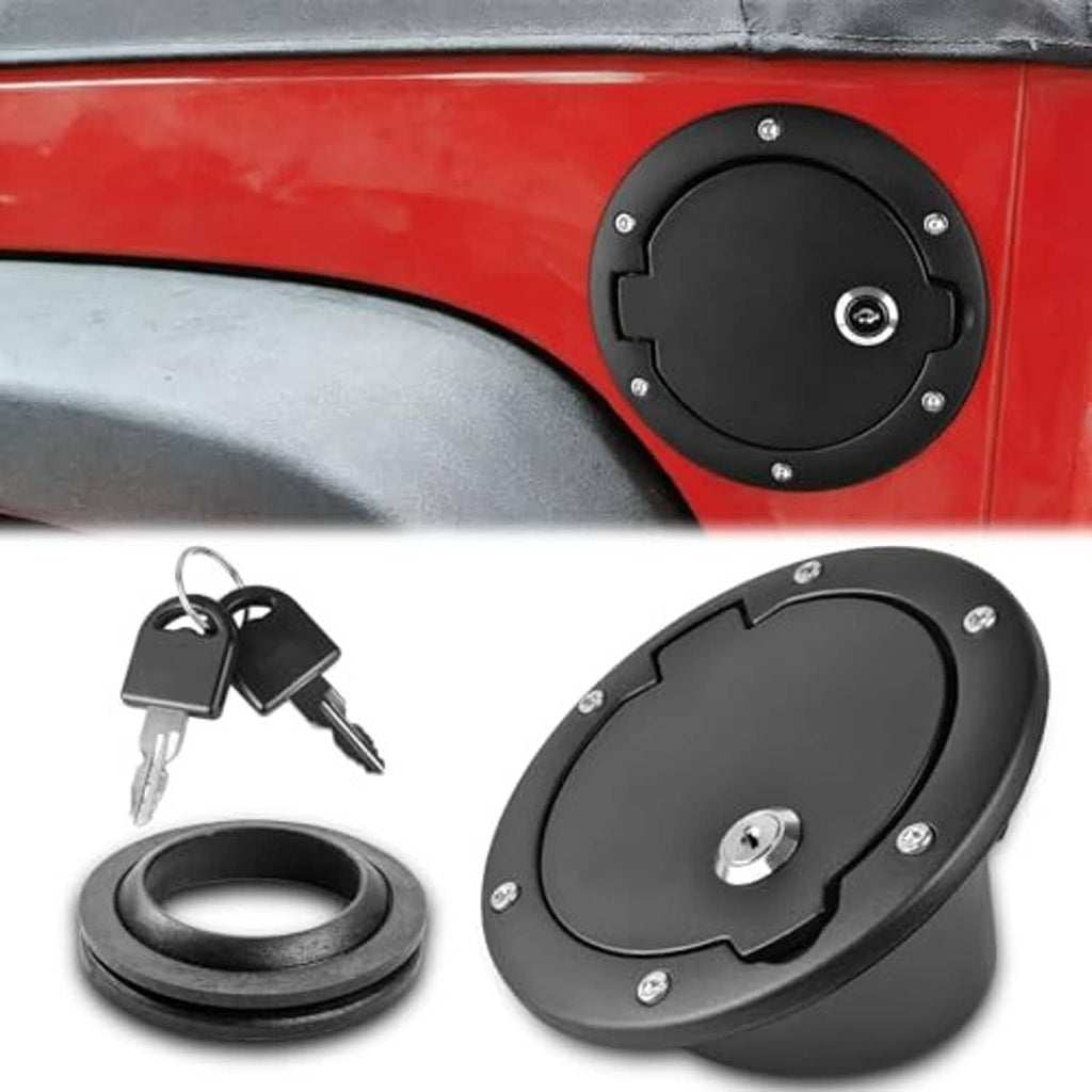 Locking black fuel filler door kit with keys and fuel filler ring, close-up