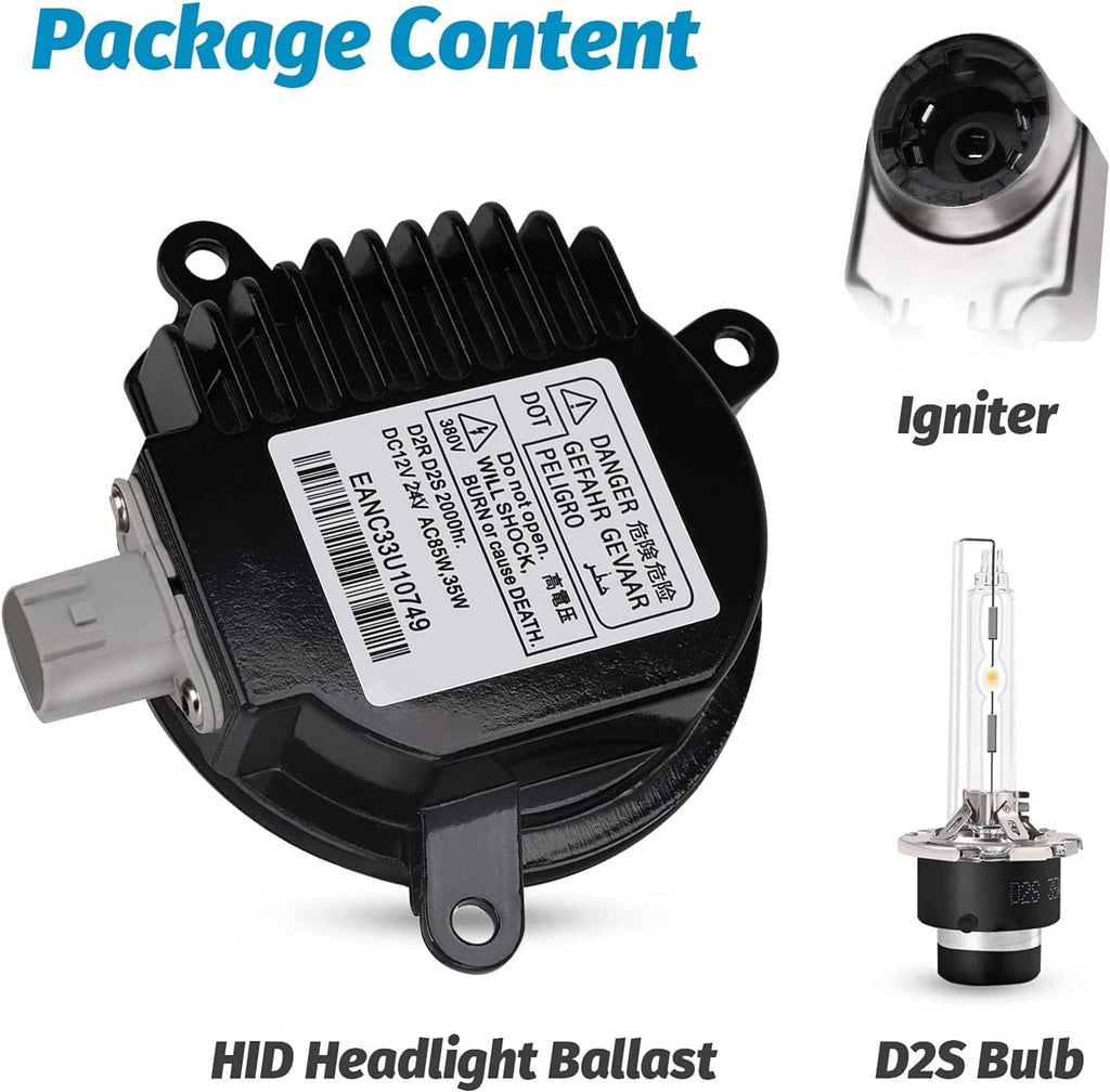 HID headlight ballast kit with igniter and D2S bulb, package contents shown