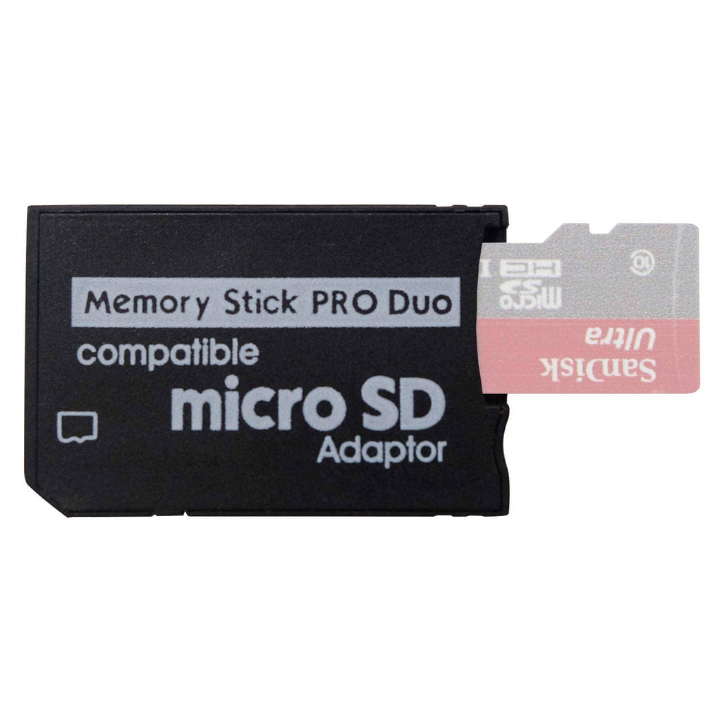 Black microSD to Memory Stick PRO Duo adapter, Memory Stick PRO Duo compatible label.