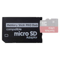 Black microSD to Memory Stick PRO Duo adapter, Memory Stick PRO Duo compatible label.