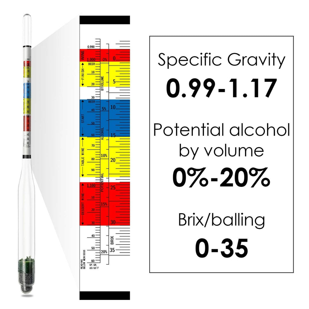 Triple scale alcohol hydrometer with colored scale and 250 ml measuring cylinder
