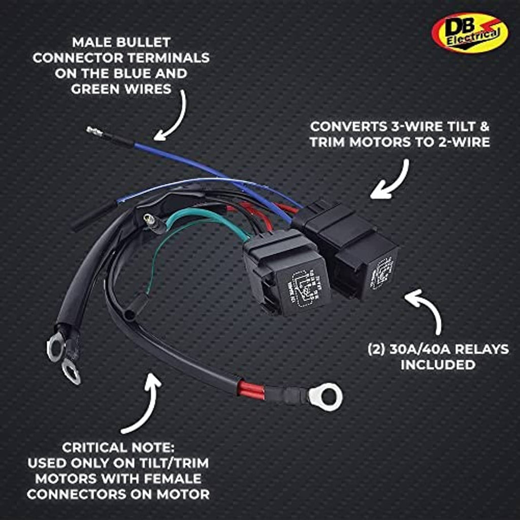 Wiring harness with bullet terminals, green/red wires, and two black relay connectors