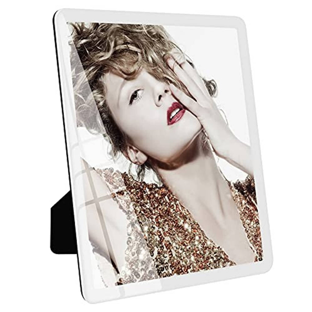 White 8x10 picture frame standing with clear cover, portrait photo shown.