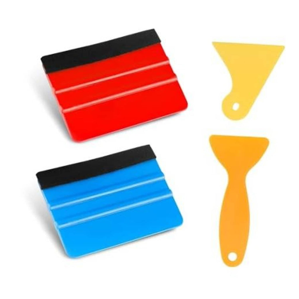 4-piece felt edge squeegee set with red and blue plastic scrapers, black felt pads