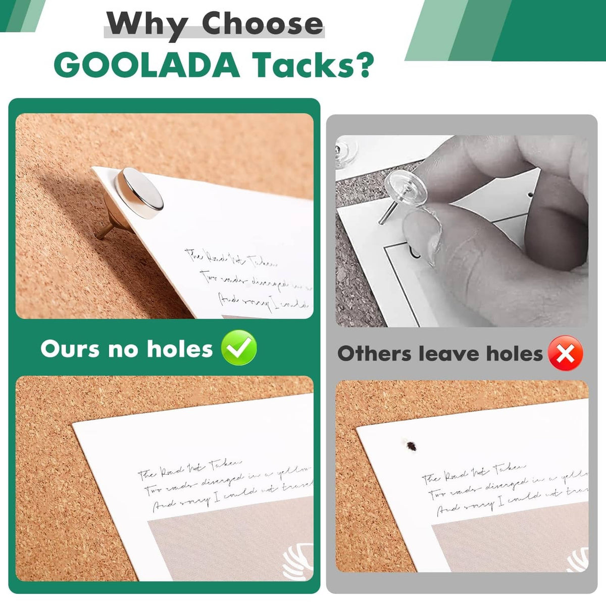 Magnetic push pins fastening paper to a cork board for clean, hole-free mounting