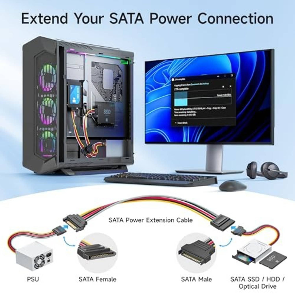 SATA power extension cable set showing male and female 15-pin connectors for PC builds