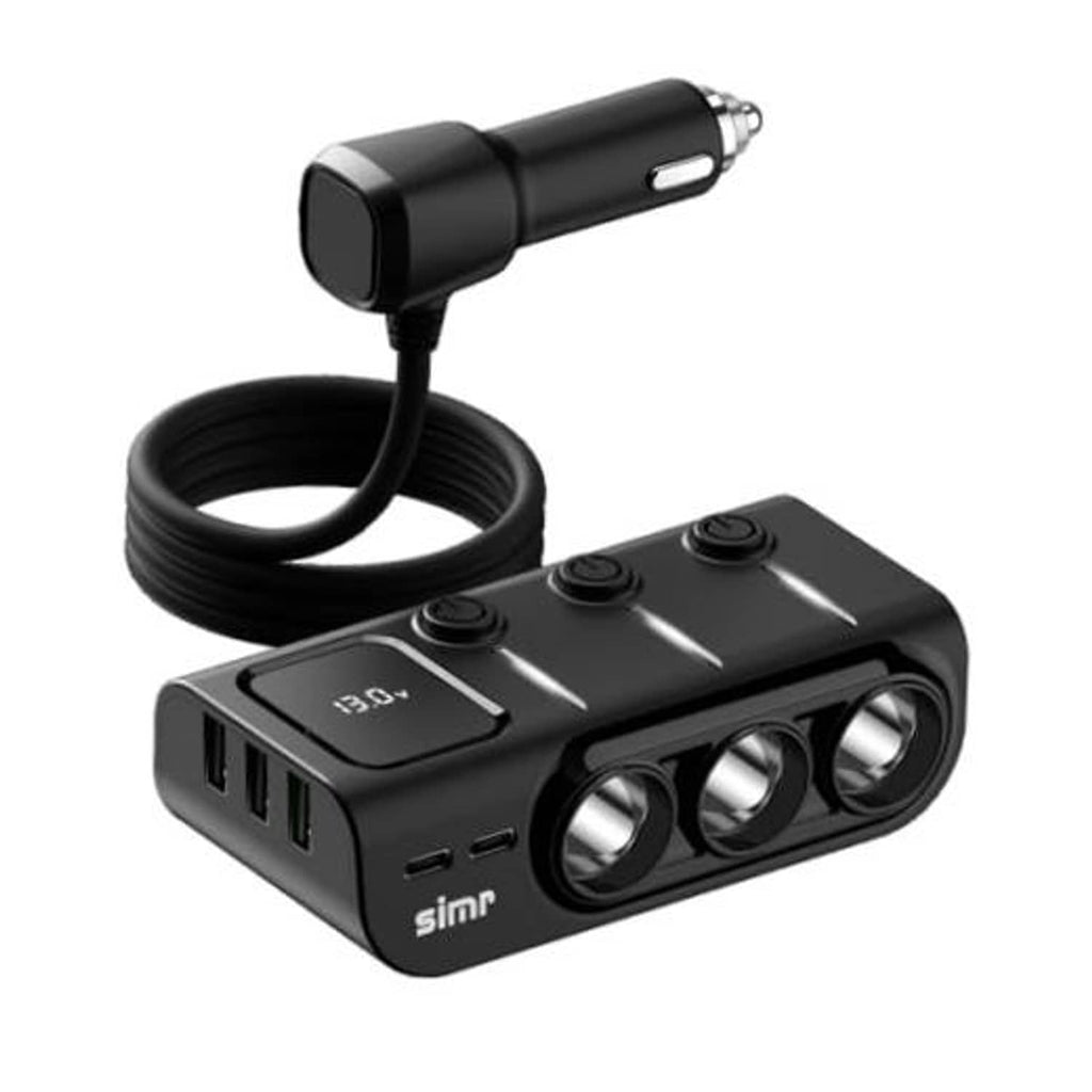 Car cigarette lighter splitter with 3 charging ports, black case and cables