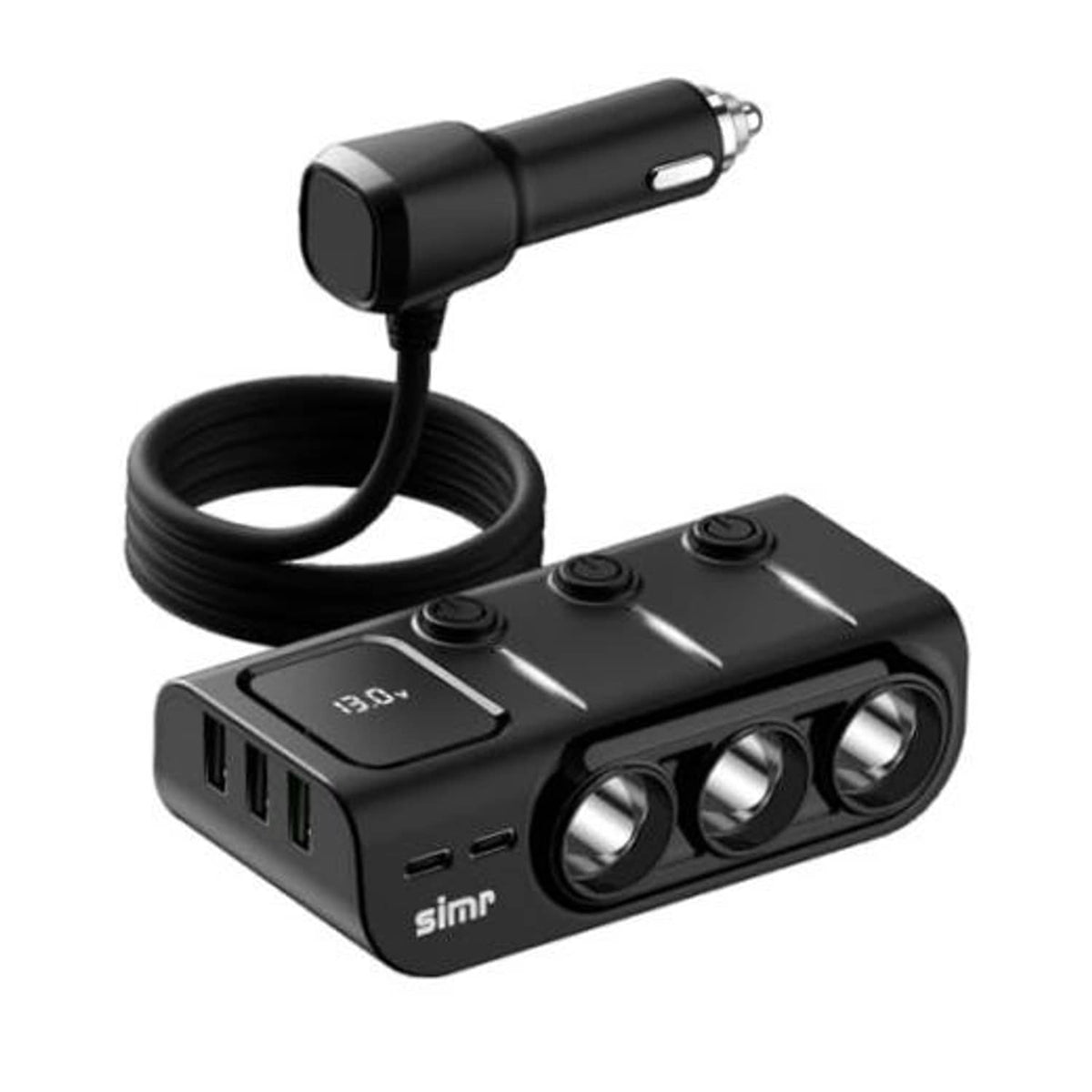Car cigarette lighter splitter with 3 charging ports, black case and cables