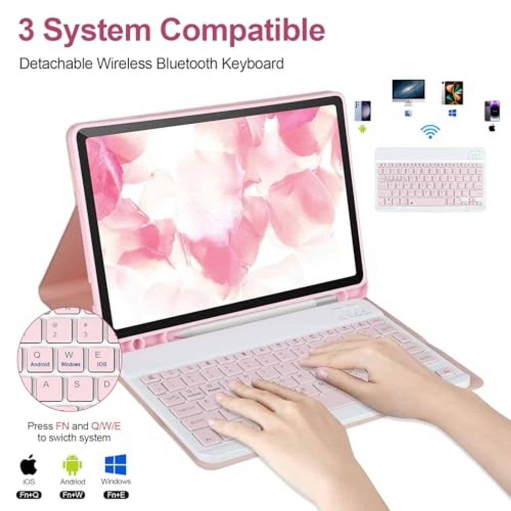 Pink tablet keyboard case with detachable Bluetooth keyboard, open for typing