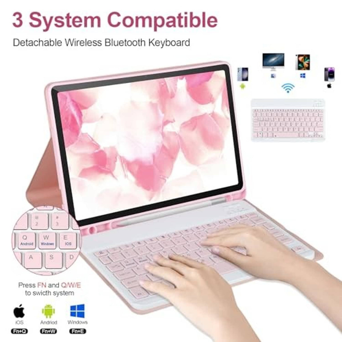 Pink tablet keyboard case with detachable Bluetooth keyboard, open for typing