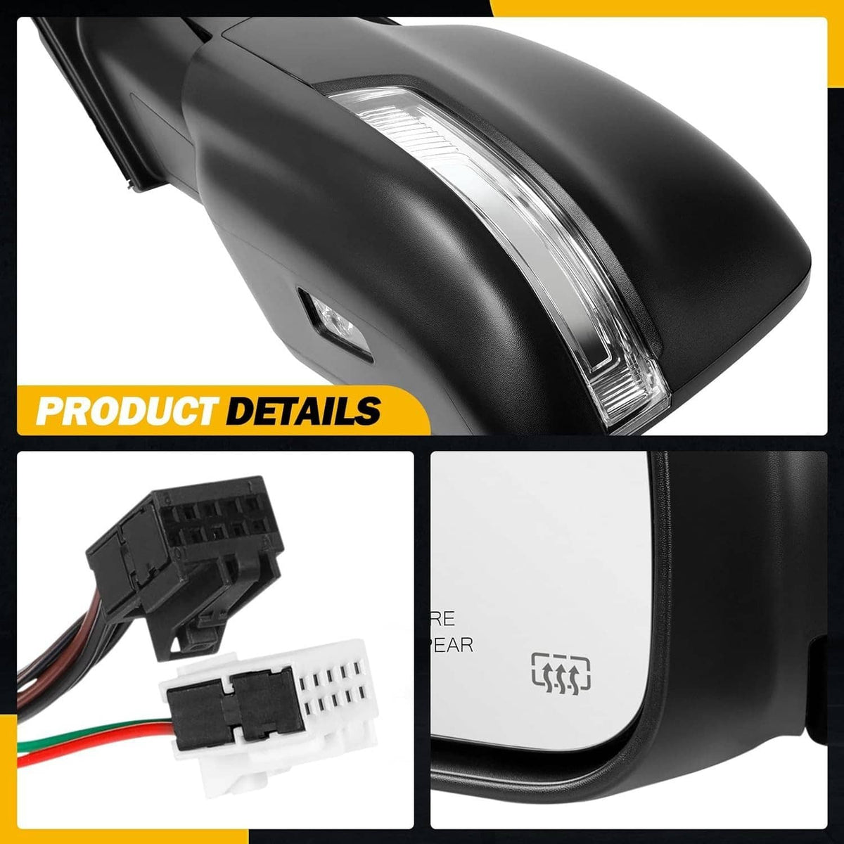 Heated driver side mirror with turn-signal lens and wiring connector detail, black housing