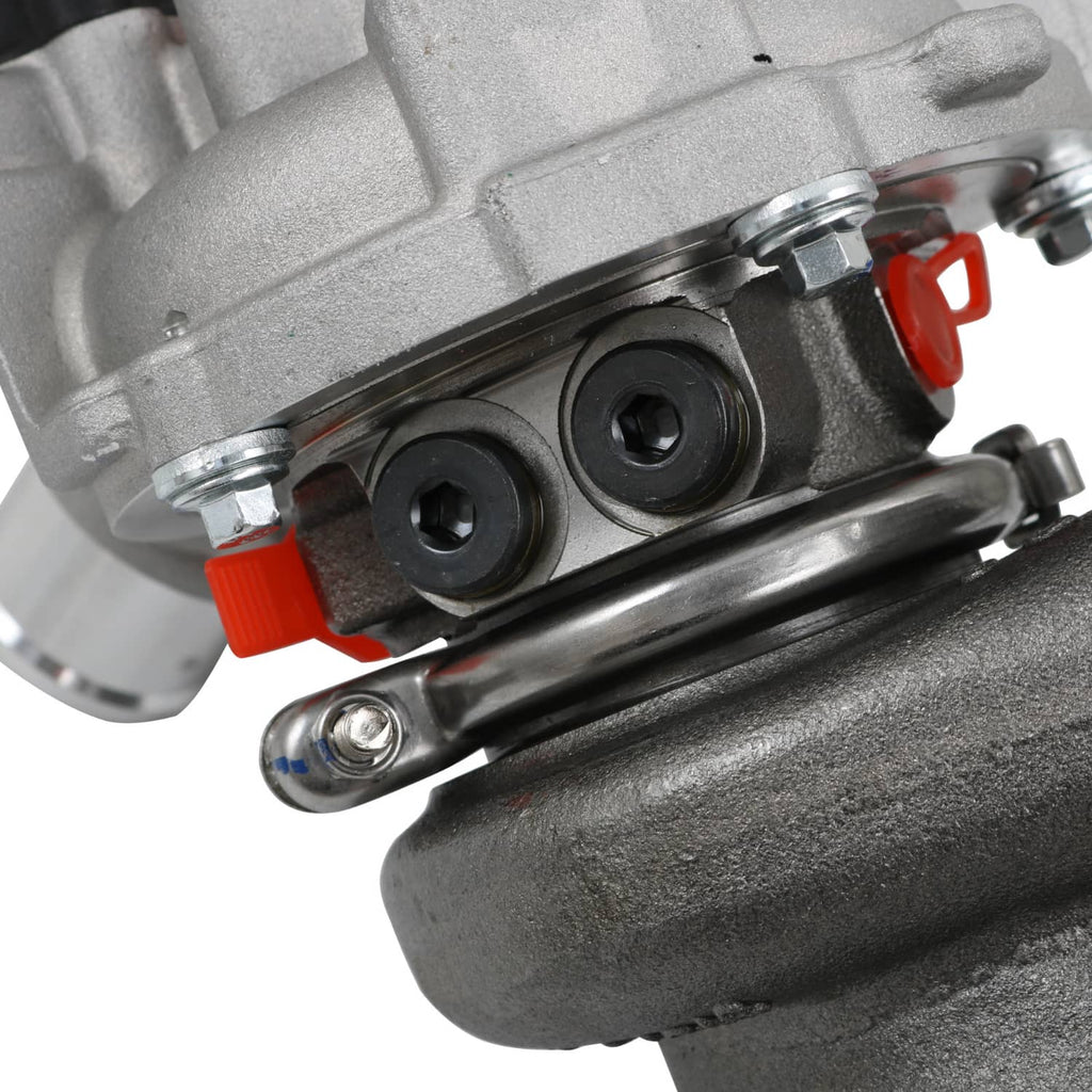 Turbocharger mounting bracket with black bushing, bolts, and red release tabs