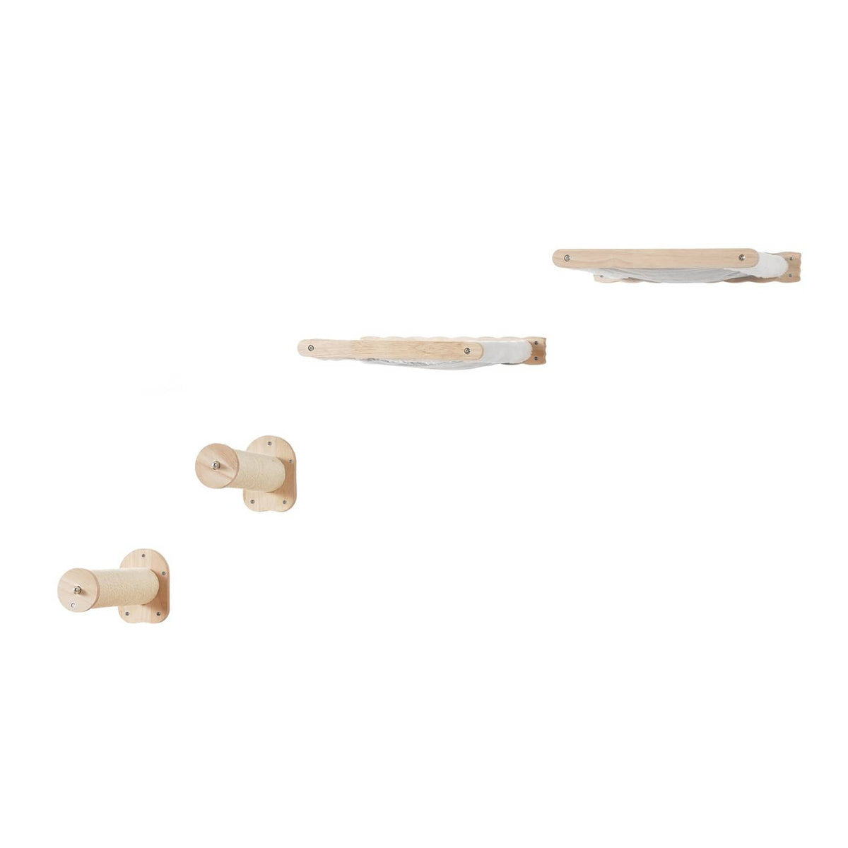 Wall-mounted cat shelf set with two hammock-style platforms and sisal-wrapped posts