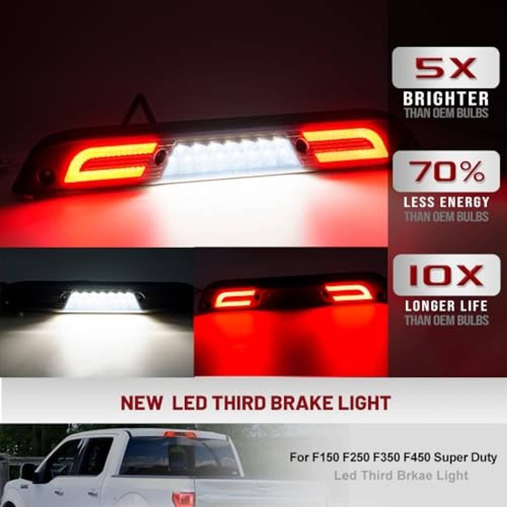 Illuminated LED third brake light with red outer segments and white center bar