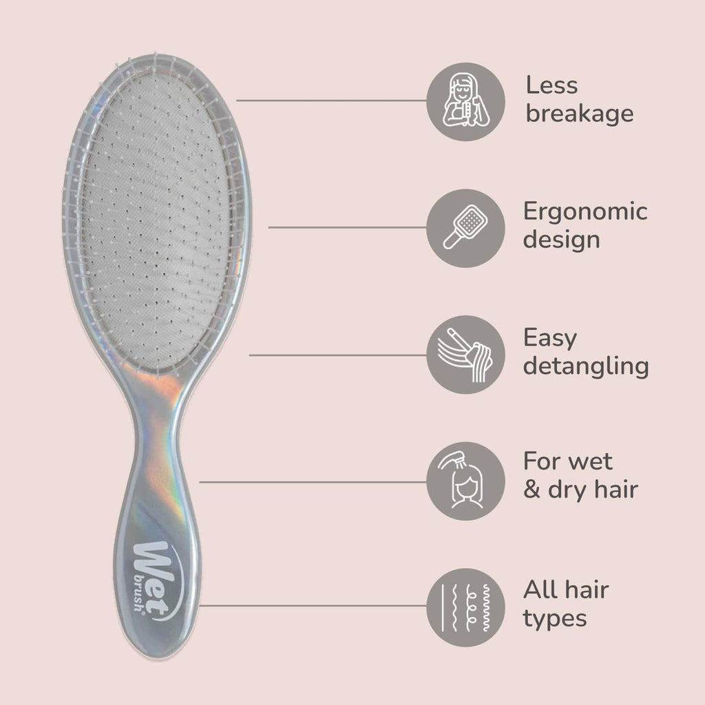 Gray and iridescent oval detangling hair brush with cushion bristles
