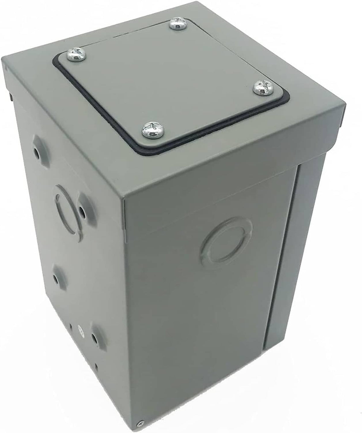 Rainproof power inlet box with closed top panel and mounting screws, gray enclosure
