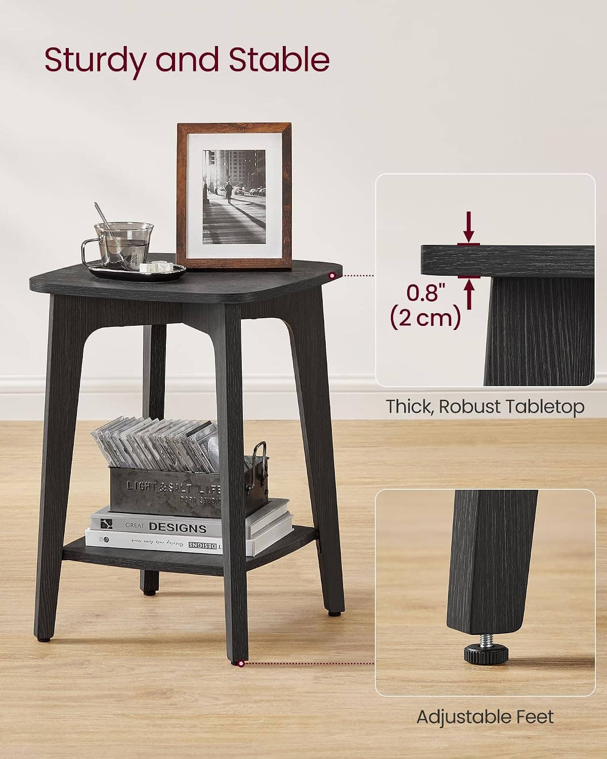 VASAGLE 2-tier side table with thick dark tabletop and adjustable feet