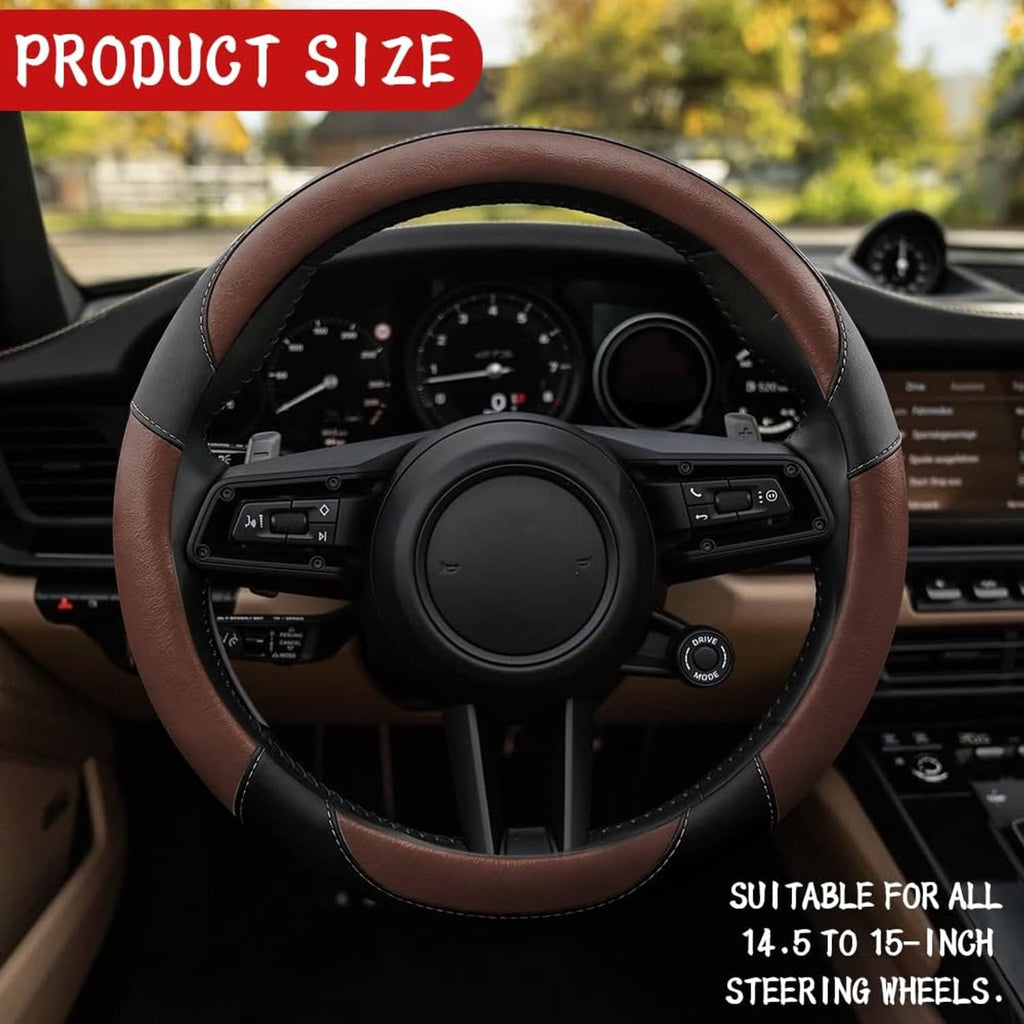 Brown and black steering wheel cover fitted on car wheel, full wrap with contrast stitching