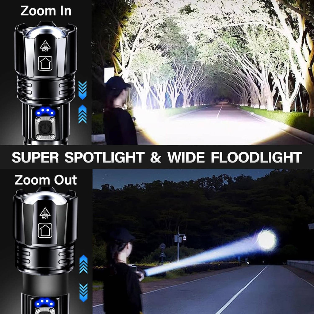 Black rechargeable LED flashlight showing spotlight and wide floodlight beam styles