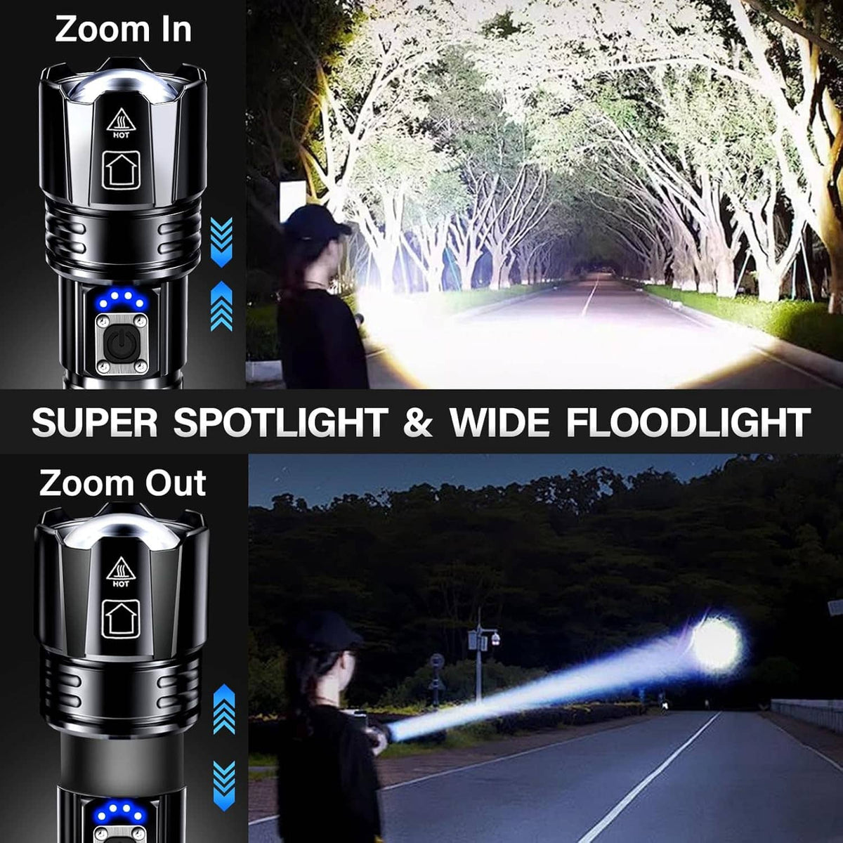 Black rechargeable LED flashlight showing spotlight and wide floodlight beam styles