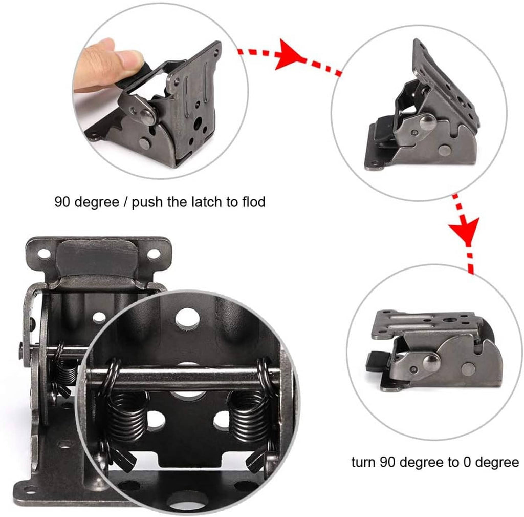 Folding table leg hinge mechanism with latch, shown in folded and extended positions