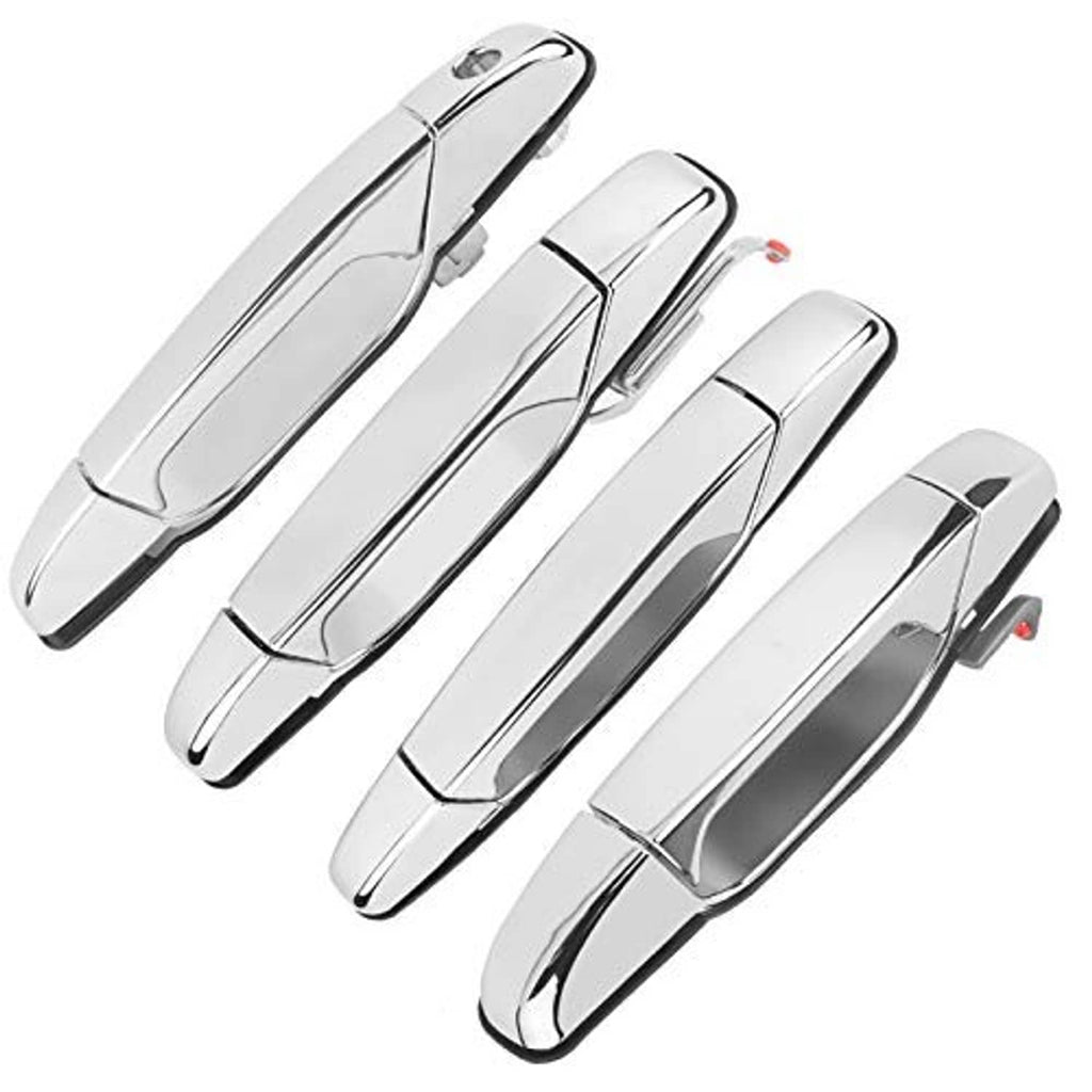 Chrome exterior door handle set, four curved handles with red pin detail