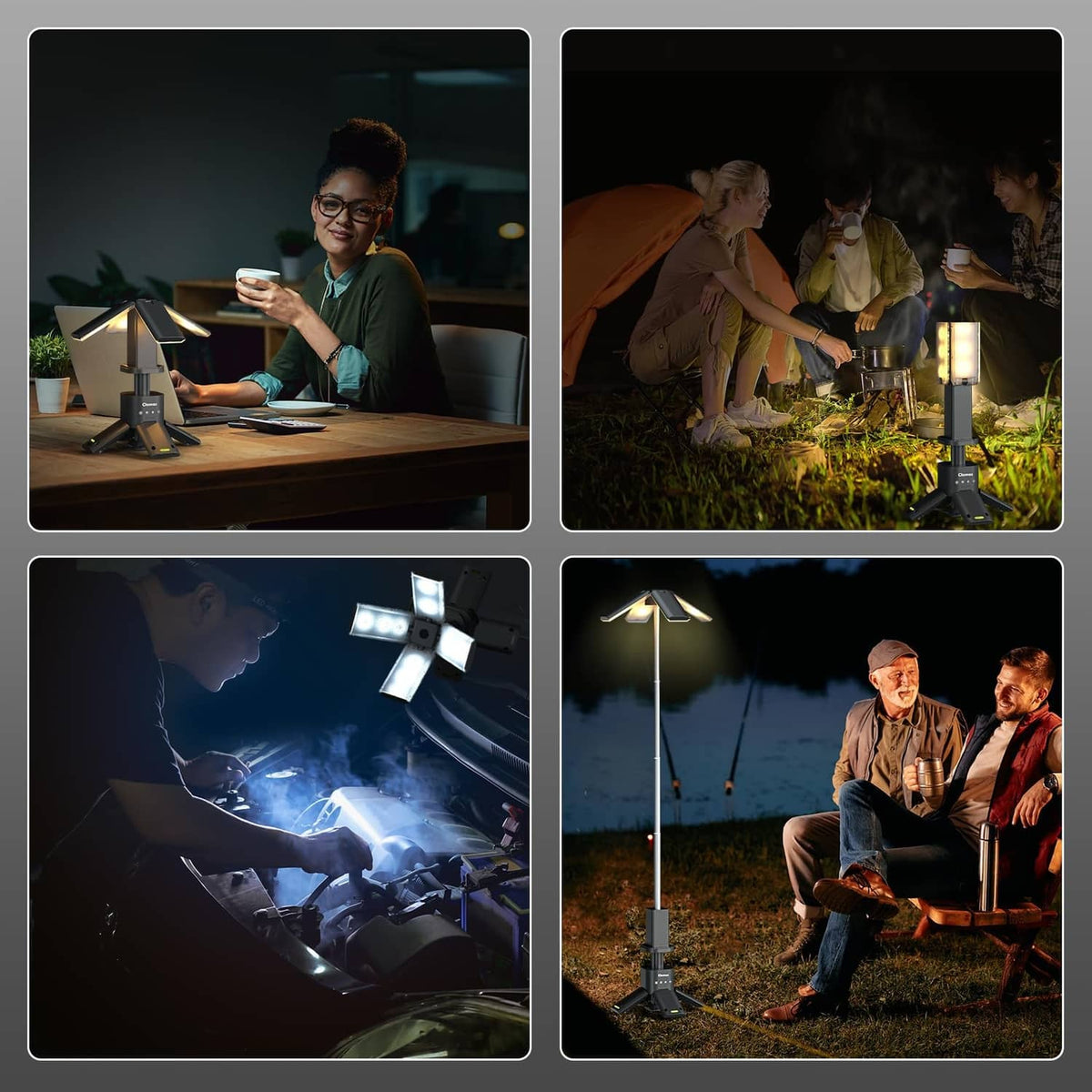 Gray telescopic LED camping light on tripod stand for nighttime campsite use