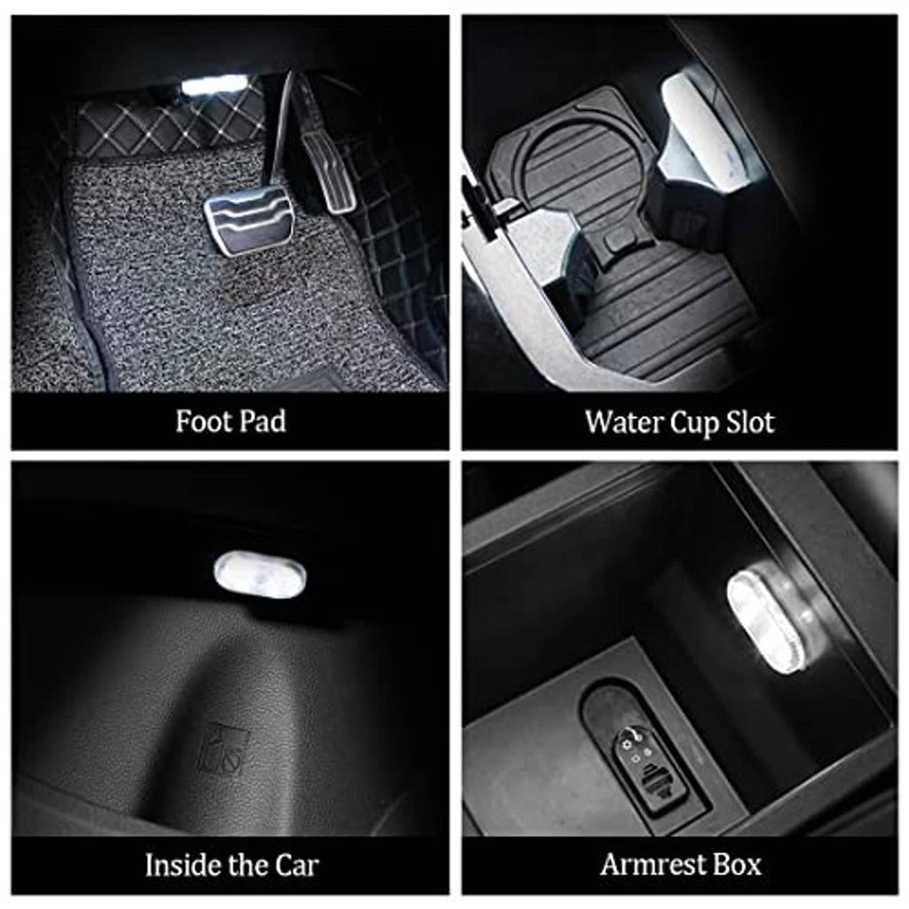 Oval car LED interior lights glowing in footwell, cup slot, and armrest areas