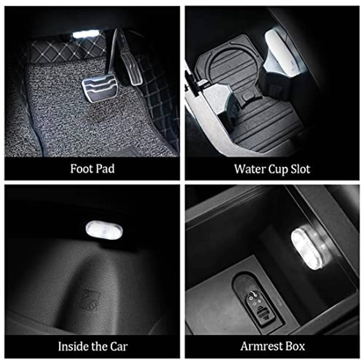 Oval car LED interior lights glowing in footwell, cup slot, and armrest areas