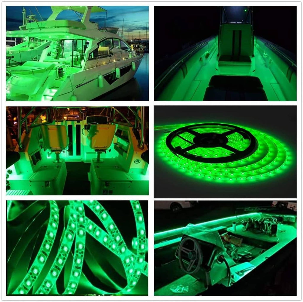 Green LED boat strip lights illuminating a boat deck in bright green