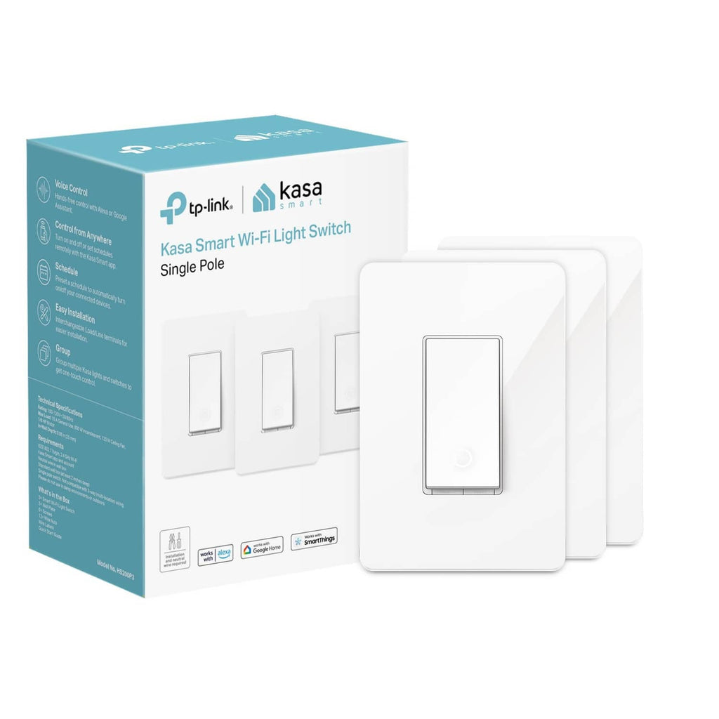 White Kasa smart light switch starter kit, single pole, 3-pack with wall switches