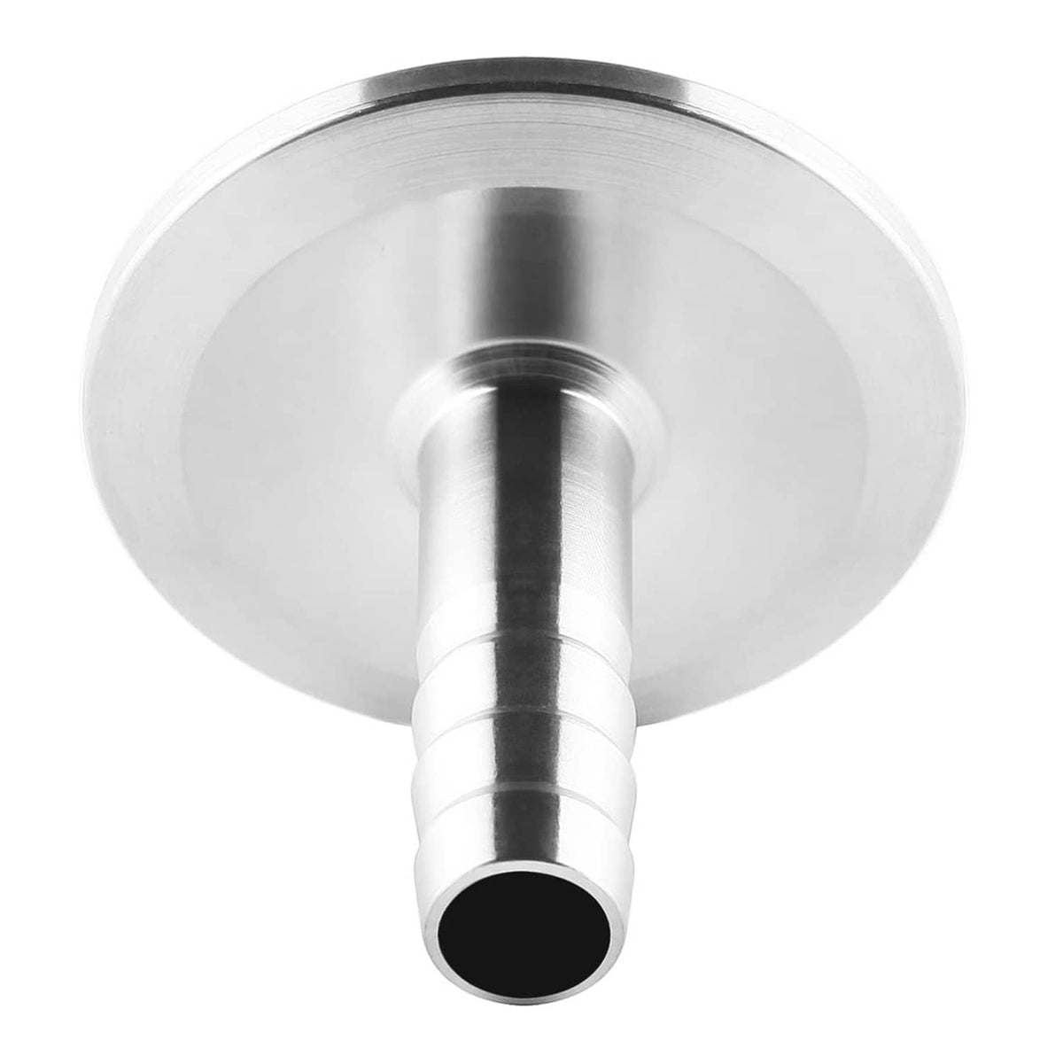 Stainless sanitary adapter front view with central outlet opening and barbed connection