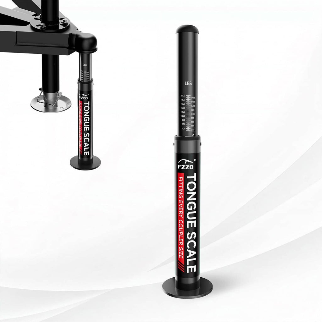 Black trailer tongue weight scale with vertical LBS measurement tube and base